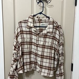 American Eagle Outfitters Cream and Brown Plaid Shirt
